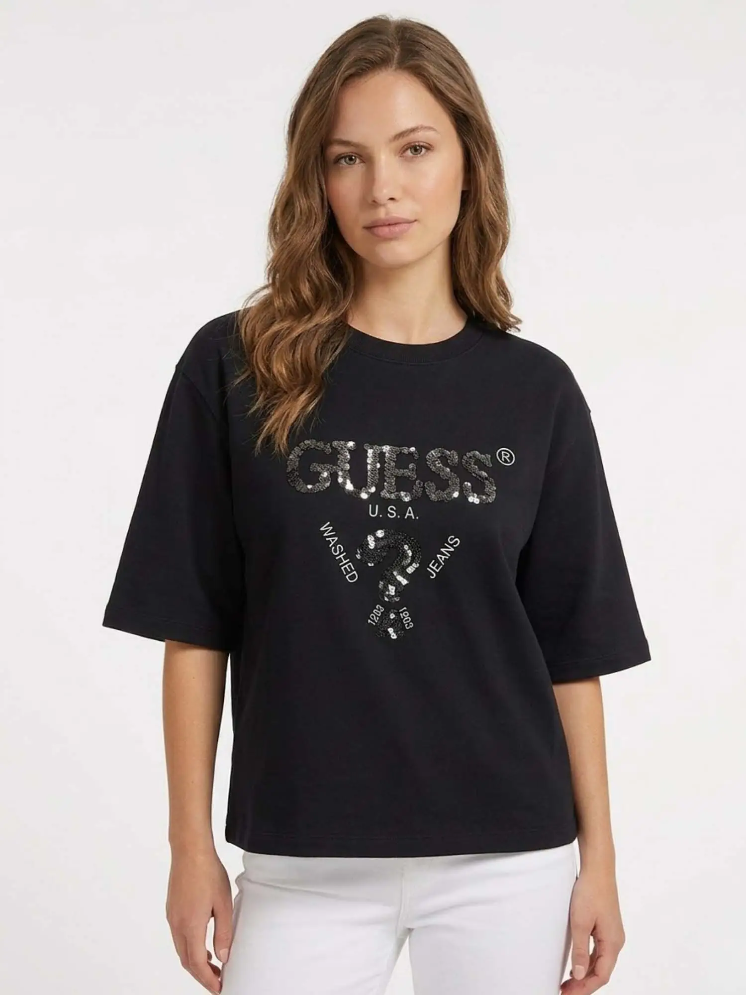 T-SHIRT DONNA - GUESS ATHLEISURE NERO-BIANCO - V4YI06 I3Z14 - Image 2